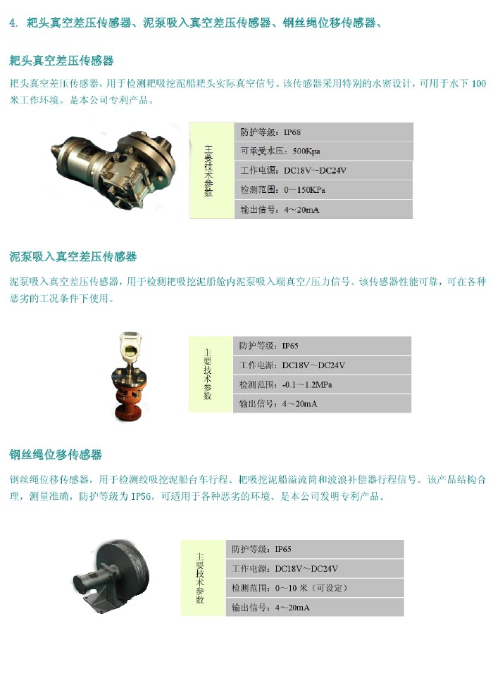 耙頭真空差壓傳感器、泥泵吸入真空差壓傳感器、鋼絲繩位移傳感器、